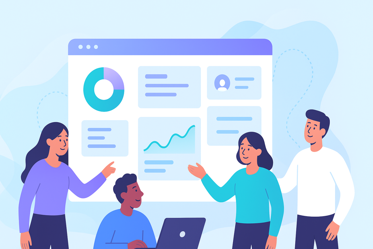A team of four diverse professionals, two women and two men, are collaborating and discussing a large digital dashboard displayed on a screen behind them. The dashboard shows various data visualizations like a pie chart, a line graph, and user profile information, representing a SaaS application's interface. One person points at the screen, another gestures towards it, and a third works on a laptop, illustrating teamwork in a business or tech setting.